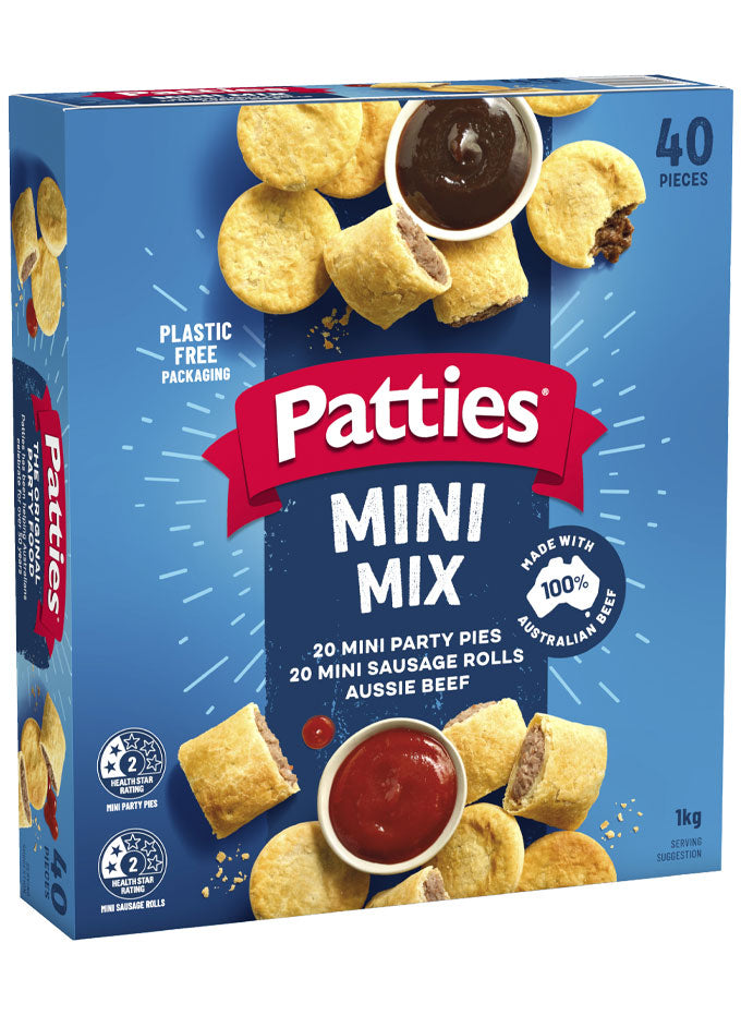 Patties Mini Mix Mini Party Pies and Mini Sausage Rolls Aussie Beef 1kg 40 Pack