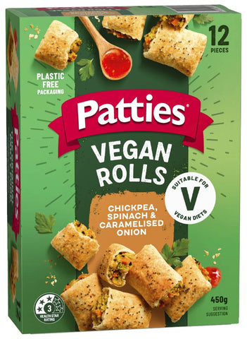 Patties Vegan Rolls Chickpea, Spinach & Caramelised Onion 450g 12pk